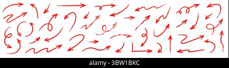 Pfeil rot handgeschriebener Skizzenvektor. Handgezeichneter Bleistiftmarker Kritzelpfeil Set Pinsellinie, Curved Direction Pen Style. Großer dicker, rauer künstlerischer Strich für rote Clipart. Vektorabbildung Stock Vektor