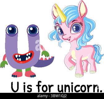 Verspielte Vektor-Illustration des Buchstaben U und eines bunten Einhorns. Leuchtende Farben und Cartoon-Stil unterstreichen das fröhliche Thema Stock Vektor