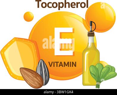 Vektor-Illustration von Vitamin E Quellen einschließlich Sonnenblumenkerne, Mandeln, Spinat und Öl, mit auffälligem flachem Design und heller Farbpalette Stock Vektor