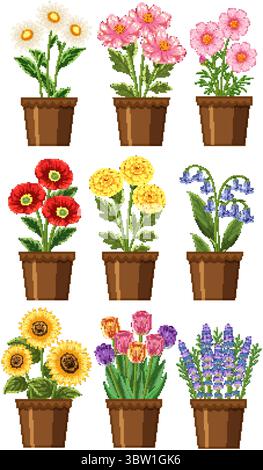 Eine lebendige Vektor-Illustration von verschiedenen Topfblumen in einem Rasterlayout mit verschiedenen Farben und botanischen Details Stock Vektor