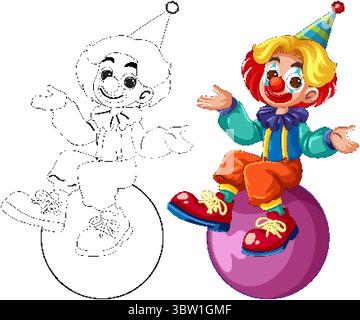 Lebendige Vektor-Illustration eines fröhlichen Clown, der auf einem Ball sitzt. Mit auffälligen Farben und verspielter Komposition mit konturierten und farbigen Versionen Stock Vektor