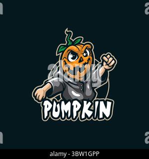 Kürbis-Maskottchen-Logodesign mit modernem Illustrationskonzept für Abzeichen, Embleme und T-Shirts. Intelligente Kürbisse Illustration für Sport und E Stock Vektor