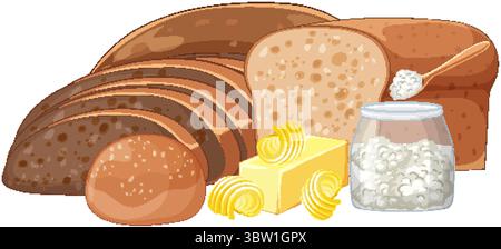 Vektor-Illustration von geschnittenem Vollkornbrot, Butterlocken und einem Glas Hüttenkäse in einem sauberen, flachen Design-Stil Stock Vektor