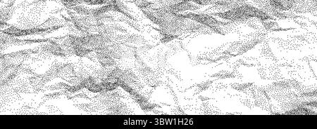 Texturkonzept aus schwarzem, zerknittertem Papier. Rauer, gepunkteter, faltiger Hintergrund. Hintereinander gefaltete Papierbögen. Lautes, körniges Hintergrundbild für Notizbuchseiten. Veraltete, beschädigte, griffige Überlagerung. Vektor Stock Vektor