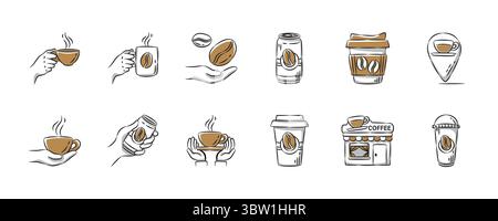 Handgezeichnete Kaffeesammlung. Satz 2 von 3. Bearbeitbare Kontur. Vektorabbildung. Stock Vektor