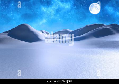 Die Szene zeigt rollende Schneemünen unter leuchtendem Vollmond mit Sternenhimmel in flachem Design Stockfoto