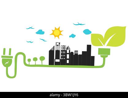 Nachhaltige Stadt mit grüner Energie und einer lebhaften Skyline, die mit sauberen Energiequellen und Natur verbunden ist Stockfoto