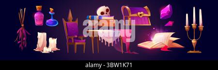 Mystische Wahrsagerartikel - Glasflaschen mit Tränken, Schädel auf Büchern, Holzkiste mit Schloss, Kristalle und schmelzende Kerzen, Stuhl und Tisch mit rosa Tuch, offenes Zauberbuch, Messing-Kandelaber-Set. Stock Vektor