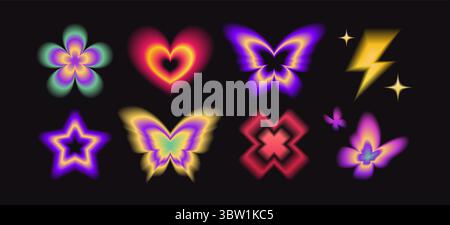 Neon-Farbverlauf Schmetterlingsformen mit glühenden Blumen-, Herz-, Stern-, Blitzschlag- und Kreuzsymbolen auf schwarzem Hintergrund. Lebendige, farbenfrohe Unschärfeeffekte für y2k-Design und ästhetische Retro-Elemente. Stock Vektor