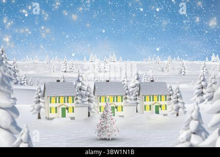 Die Winterszene mit flachem Design zeigt einen geschmückten Weihnachtsbaum in fallendem Schnee in der Nähe von drei Häusern Stockfoto