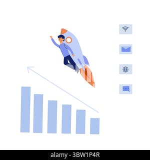 Start-up-Start und Beschleunigung – Business-Team mit Laptop, Rakete, Gewinndiagramm und Megaphon. Flache Darstellung von Teamarbeit und Geschäftswachstum. Stock Vektor