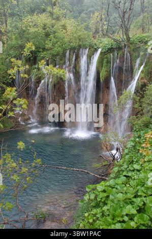 Üppige grüne Vegetation umgibt kaskadierende Wasserfälle im Nationalpark Plitvicer Seen und schafft eine ruhige und unberührte natürliche Landschaft Stockfoto