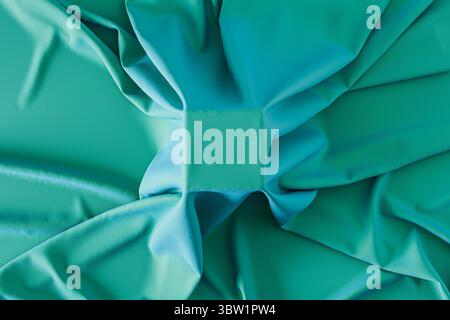 Kubischer Sockel mit grünem, weichem Material. Kann auch ein Geheimnis darstellen, das durch weiches seidiges Tuch verborgen wird. Das Konzept von Mysterium und Intrige. Präsentationsmodell anzeigen. 3D-Rendering Stockfoto