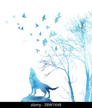 Blauer Wolf, der im Wald heult. Handgezeichnet. Nicht AI, Vektorillustration Stock Vektor