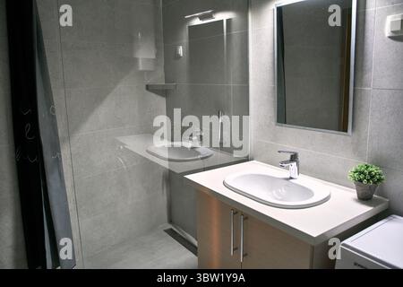 Ein modernes Bad mit eleganter Glasdusche, minimalistischem Kosmetikbereich mit weißem Waschbecken und eleganten grauen Fliesen mit Lichteinfall Stockfoto