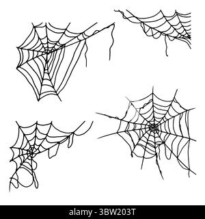 Spinnennetz, Satz Silhouetten, Skizze mit schwarzer und weißer Tinte. Vektorabbildung. Traditionelle Einrichtung ist eine Halloween-Feier, isoliert auf einem weißen Stock Vektor