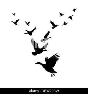 Eine Schar schwarzer Enten, die fliegen. Handzeichnung. Nicht AI. Vektorabbildung Stock Vektor