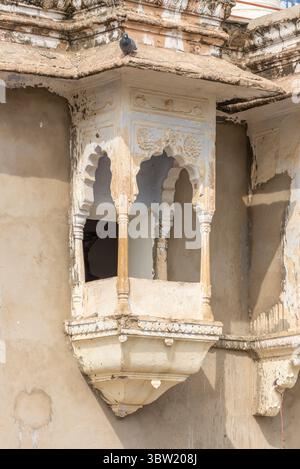 Nahaufnahme der gelben Kalksteinfassade mit kunstvoller Architektur in Pushkar, Indien Stockfoto