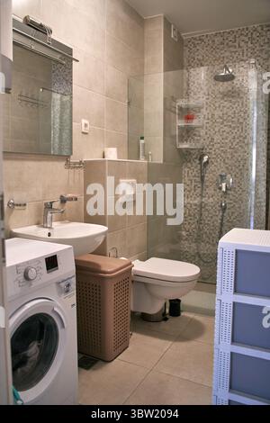 Ein kompaktes, modernes Badezimmer mit Dusche, Waschmaschine, Waschbecken und effizienten Aufbewahrungsmöglichkeiten, die modernes Design und Funktionalität hervorheben Stockfoto