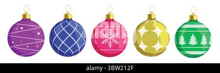 Clipart-Set mit Weihnachtskugeln und Muster. Bunte Weihnachtskugel festliche Dekorationselemente ClipArt mit Zickzack-, Karo- und Schneeflocken Stock Vektor