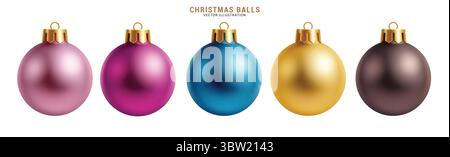 Weihnachtskugeln farbenfrohes Clipart-Set. Bunte Weihnachtskugel-Dekorationselemente in weißem Hintergrund mit glattem, glänzendem, glänzendem und kugelförmigem Objekt Stock Vektor