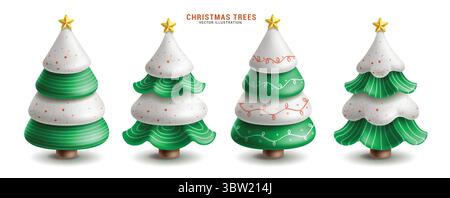 3D-Clipart-Set mit Weihnachtsbaum. Weihnachtskiefer und Schneetanne Clip-Art mit Spiralen- und Kurvenstil für die Weihnachtsbaumkollektion Xmas Elements im Winter Stock Vektor