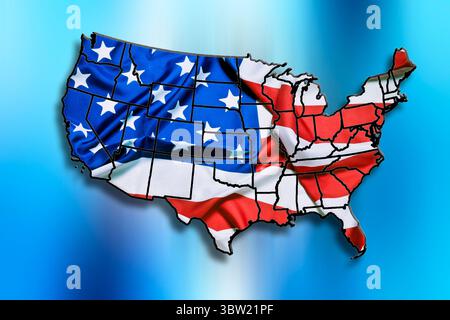 Illustration der Karte der Vereinigten Staaten, die mit der amerikanischen Flagge überlagert ist, zeigt alle Staatsgrenzen auf blauem Hintergrund, was Patriotismus symbolisiert Stockfoto