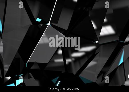 Unregelmäßige schwarze Splitter bilden abstrakte 3D-Geometrie mit reflektierenden Facetten und blauen Markierungen Stockfoto