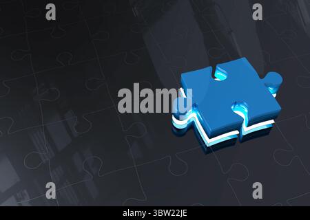 Das glänzend blaue Puzzleteil schwebt im 3D-Rendering über dunklem, reflektierendem, geätztem Puzzleteil Stockfoto