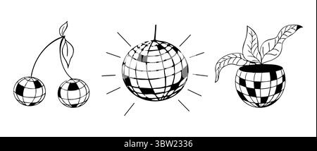 Discokugel y2k Junggesellinnentätowierung Skizze. Discokugel mit Hut, Kirschdisco-Set. Doodle glänzende Nachtleben Musik Illustration. Groovige 2000-Party. Vektorabbildung Stock Vektor