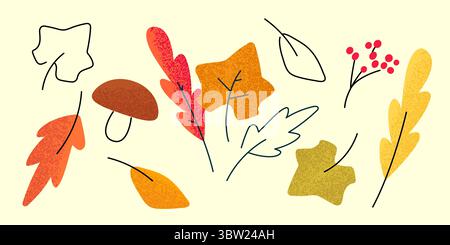 Herbstkollektion mit roten gefallenen Blättern und Forest Elements mit körniger Textur Stock Vektor