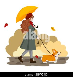 Vektor-Illustration einer Frau, die ihren Corgi-Hund im Herbst unter einem gelben Regenschirm führt. Warme Farben und herabfallende Blätter sorgen für eine gemütliche Szene, die perfekt ist Stock Vektor