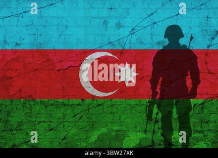Konzeptuelles Bild des Krieges zwischen Russland und Aserbaidschan, mit Flagge und Silhouette Stockfoto
