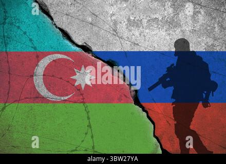 Konzeptuelles Bild des Krieges zwischen Russland und Aserbaidschan, mit Flagge und Silhouette Stockfoto