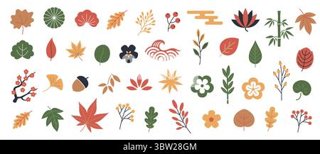 Titelrahmen für Herbst-Blätter. Herbst Japanische Minimal-Cartoon-dekorative Randelemente mit fallenden Waldblättern, süßen saisonalen Blättern und Hintergrund Stock Vektor