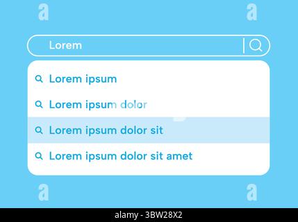 Ergebnisse der Suchleiste. Mockup der Webseite mit Suchfenster und Vorschlagsliste. Der Vektorbrowser hat den Adressrahmen und das Telefon durchsucht Stock Vektor