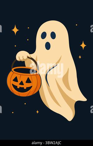 Niedlicher Halloween-Geist mit Bonbons-Eimer in dunkler gruseliger Nacht Stock Vektor