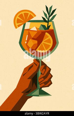 Aperol Spritz mit Orangenscheibe und Kräutern in Weinglas Stock Vektor