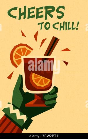Hand hält ein Glas Glühwein mit Orangenscheibe und Zimt – gemütliches Wintergetränk im geometrischen Retro-flachen Stil mit festlicher Atmosphäre Stock Vektor
