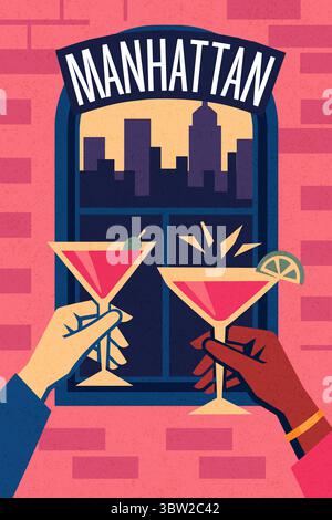 Hände, die Manhattan Cocktails am Stadtfenster halten. Moderne geometrische Illustration mit Blick auf die Skyline und lebhaftem Stadtpartyfeeling Stock Vektor