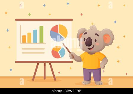 Geschäftsmann Koala präsentiert Arbeitsabläufe und Verfahren an Bord und erläutert die Schritte zum Abschluss des Projekts Stock Vektor