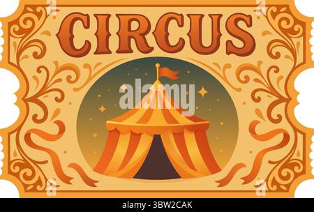 Altes Vintage-Zirkusticket mit Zelt auf dem Hintergrund des Himmels Stock Vektor