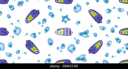 Nahtloses Cartoon-Fischblasenmuster. Lustiger lila Fisch mit Blasen und Meereselementen in flachem, verspieltem Stil auf hellem Hintergrund. Stock Vektor