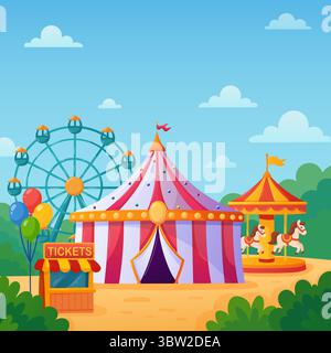 Rollender Zirkus mit Festzelt, Karussell, Riesenrad, Fahrkartenschalter, Vergnügungspark Stock Vektor