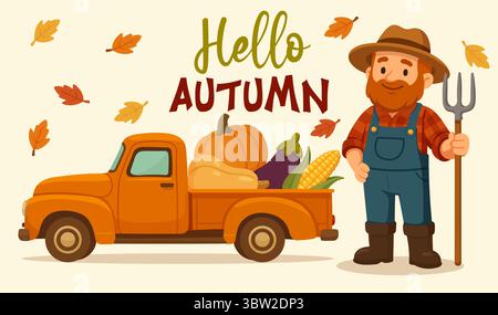 Landwirt mit Ernte-Orange-Pickup und Hallo-Herbstgrüße Stock Vektor