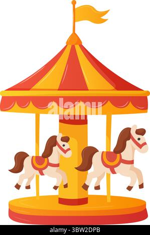 Kinderkarussell im Vergnügungspark mit Zirkus, Pferden, Retro Stock Vektor
