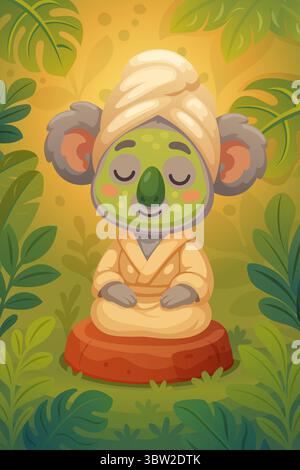 Niedlicher Koala mit Gurkenmaske auf Gesicht in Lotusposition in Meditation nach Spa im Bademantel mit geschlossenen Augen in Tropen Stock Vektor