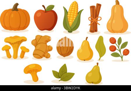 Herbstset mit Essen. Kürbis, Apfel, Mais, Zimt, Pfifferlingen, ingwer, Walnuss, Birne, rote Beere, Honigpilze Stock Vektor
