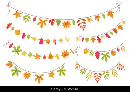 Herbstblattgirlande. Dekorative Bänder im Herbst mit bunten Holzblättern und Gartenbäumen, saisonale Elemente des Herbstfestes. Vektorgirlanden Stock Vektor