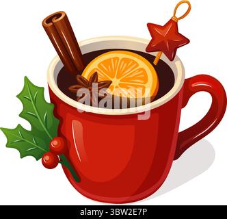 Festlicher roter Becher Glühwein mit Orangenscheibe Zimtstab Sternanis und stechpalmenzweig Stock Vektor